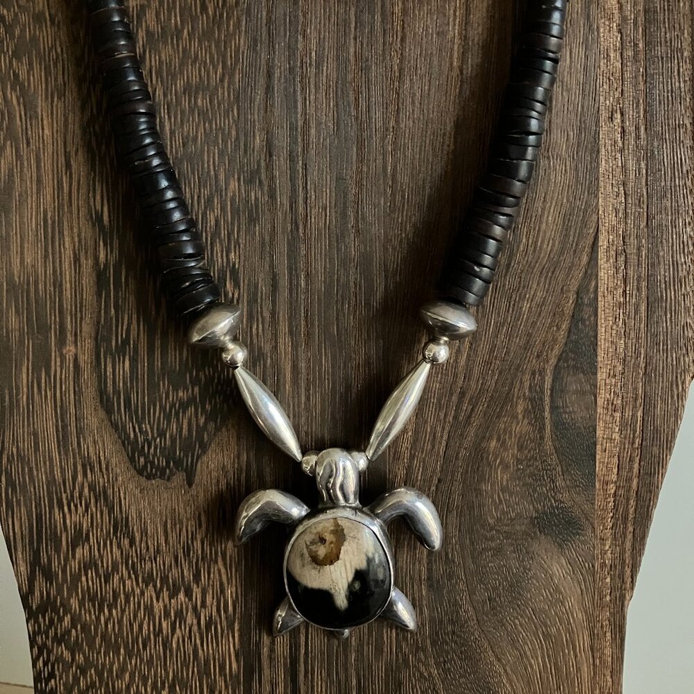 Vintage Turtle Pendant - Petrified Wood, Sterling and Shell Heishi